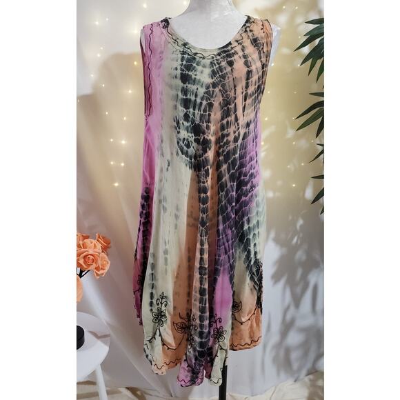 Henna VTG Embroidered Tie Dye Twirl Midi Dress Womens One Size Hippie Festival - Picture 1 of 13